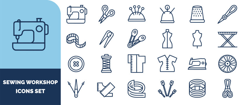Sewing workshop set featuring outline of sewing machines, scissors, measuring tapes, buttons, and tailoring tools