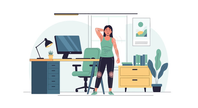 Young woman stretching at home office desk, working out concept