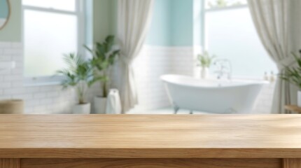 Fototapeta premium Empty Wooden Tabletop on Blurred Modern Bathroom Interior Background for Product Display and Cosmetic Mockup Design.