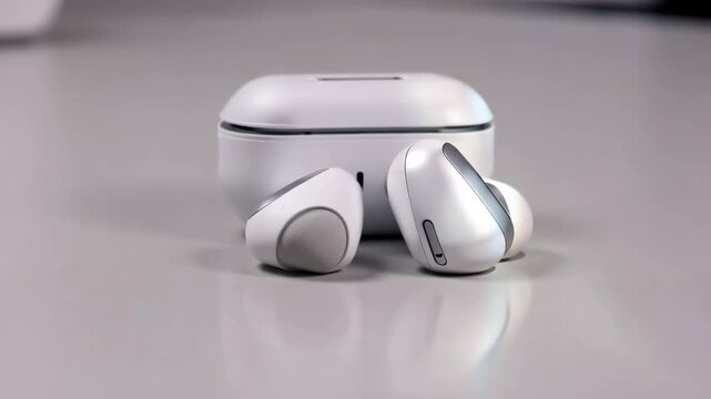 Modern White Wireless Earbuds with Charging Case on Gray Background