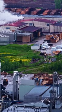 Vertical Aerial, Stora Enso Sawmill Business, Industrial Smoke Cloud Emissions, Latvian Timber Storage Facilities