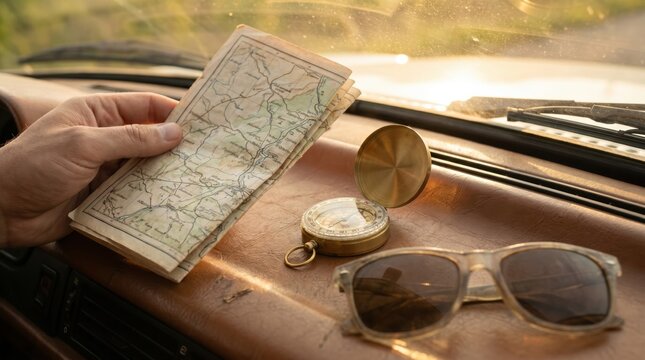 Caucasian man holding paper map with brass compass and sunglasses on car dashboard for road trip navigation and travel planning concept