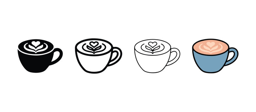  coffee cups with different designs and colors on white background  coffee cups with heart leaf latte art designs