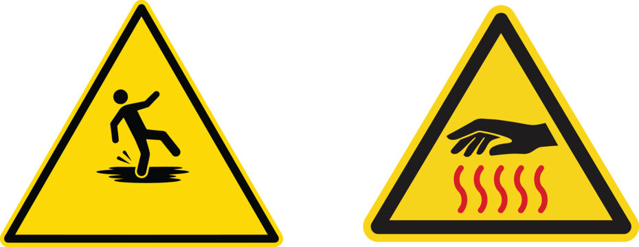 Wet floor and hot surface hazard signs vector illustration on yellow triangular warning.