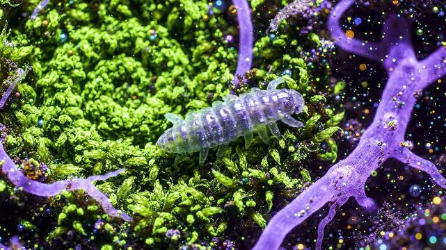 Transparent isopod crawls across green moss and purple lichen, closeup macro detail showing segmented body, tiny legs, antennae, and sparkling airborne particles over natural surface.