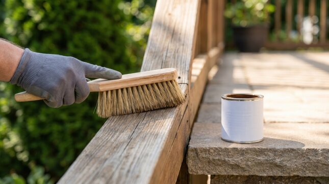 Hand of a man wearing a grey glove cleaning a wooden deck railing with a stiff bristle brush for home maintenance and wood restoration
