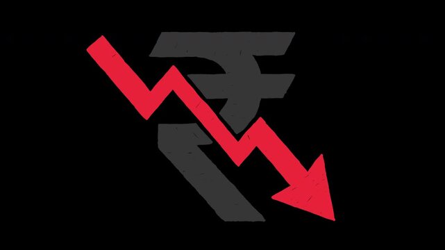 Indian rupee falling red arrow financial crisis economy recession 4K Hand Drawn Animation with alpha transparent background