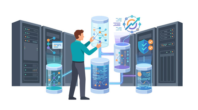Database administrator managing cloud storage and optimizing network infrastructure flat vector illustration