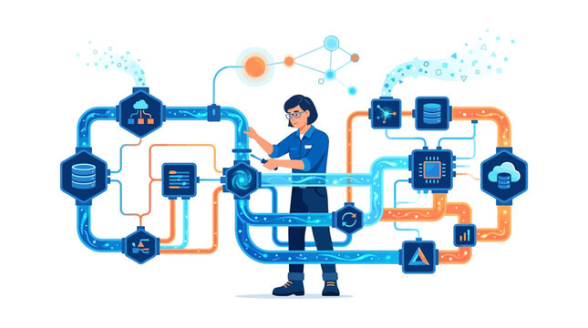Data engineer building complex information pipeline and cloud computing infrastructure flat design vector illustration.
