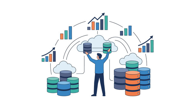Database engineer scaling cloud storage infrastructure for business growth flat design vector illustration