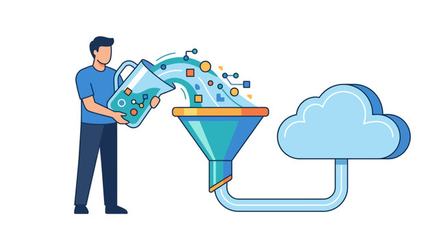 Database administrator pouring digital data into a funnel for cloud storage processing flat design vector illustration.