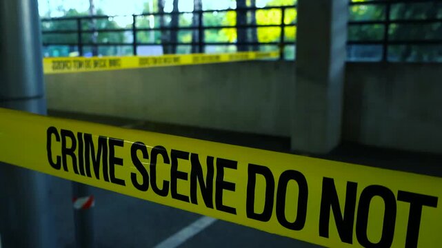 Yellow police tape with the words crime scene do not cross sealing off an area under investigation inside an underground garage, restricting access to the public for forensic evidence collection