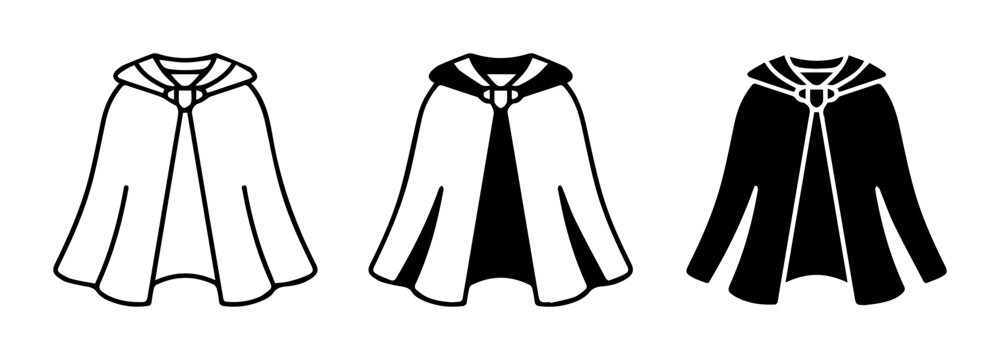 Hooded Cloak Icons, Three Styles: Outline, Silhouette, and Filled Black Vector Graphics