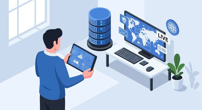 Man with tablet near computer and server in office.