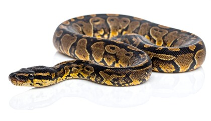 Fototapeta premium A stunning studio shot displays a coiled reptile against a pristine white backdrop. The detailed skin pattern is a blend of brown, black, and gold