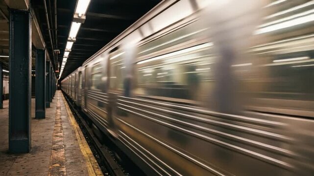 Endless subway train speeding past a station platform without stopping. Motion blur, urban transportation, daily commute, rapid transit and city infrastructure concept.