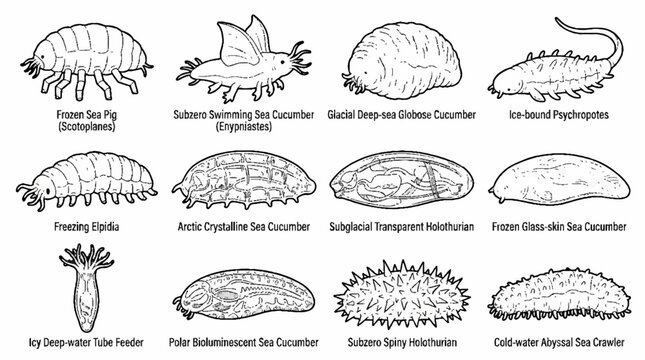 Collection of deep sea creature illustrations and marine life sketches in black and white line art.