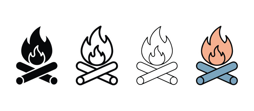 campfire icons with flames and logs  various styles and colors