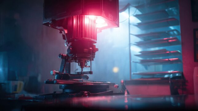 Medium shot of a vintage film enlarger illuminated by a soft red safelight in a darkroom with blurred trays and paper drying lines in the background creating an artistic