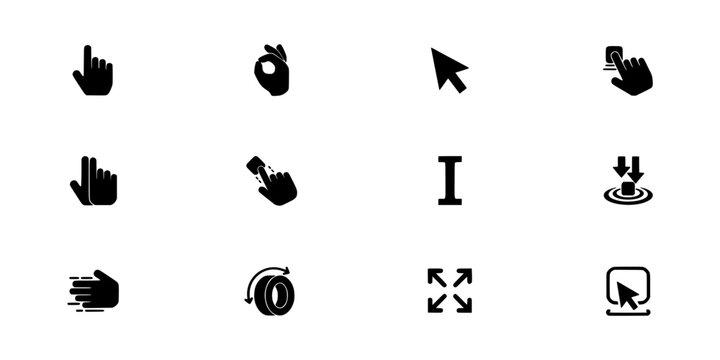 Hand Cursor Icons Set with Mouse Click Symbols, Accessibility Gestures, and Navigation Arrows in a Simple Black Vector Style