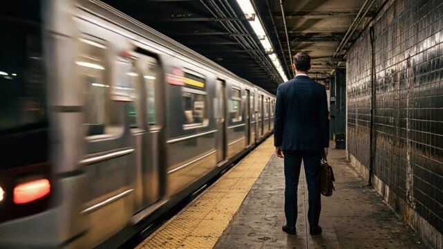 Businessman standing motionless on a subway platform watching a train rush past. Urban commute, waiting, time passing, transportation and professional lifestyle concept.