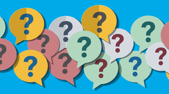 A collection of colorful speech bubbles with question marks floats in the air.