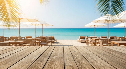 Fototapeta premium Wooden foreground with beach cafe, loungers, and umbrellas facing a turquoise ocean under a sunny sky, symbolizing relaxation and vacation