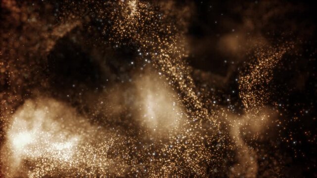 Golden particles drift against a deep, dark void. They swirl in soft, luminous motion, glowing warmly. Dense clouds form, then disperse with gentle energy. Subtle motion conveys depth and mystery