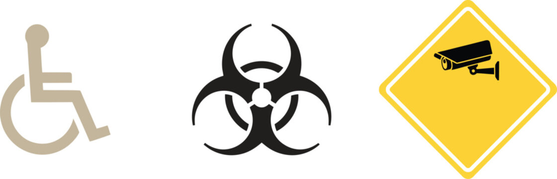 Disability access, biohazard symbol and CCTV camera warning sign, safety icons.