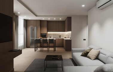 Fototapeta premium Modern open plan living room with kitchen, sofa, dining table, warm ambient lighting