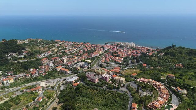 Establishing drone shot overlooking Italian Riviera Seaside Resort Arma di Taggia