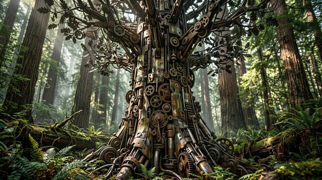 (A Spectacular Surreal Digital Art of a Giant Ancient Tree Composed Entirely of Intricate Steampunk Gears, Cogs, and Metal Pipes Standing in a Lush Redwood Forest with Sunbeams