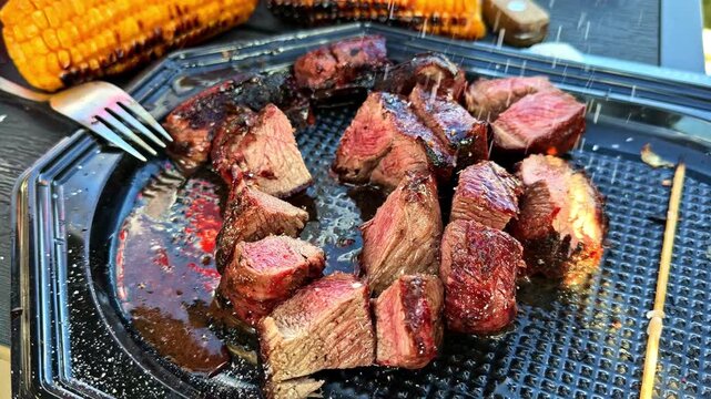 Close up of grilled steak bites with barbecue glaze and roasted corn served on an outdoor dining table