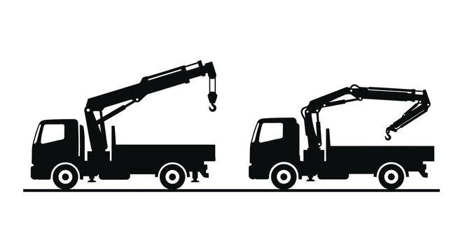 Tow truck silhouettes with lifting cranes black on white background