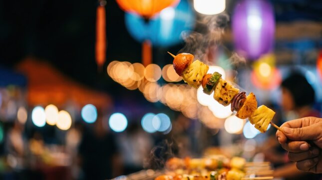Hand holding grilled vegetable and fruit skewer at night market street food stall with colorful bokeh lights in background