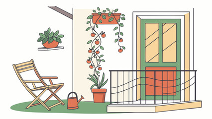 Obraz premium Cozy balcony garden with potted plants, outdoor furniture, and urban gardening lifestyle concept