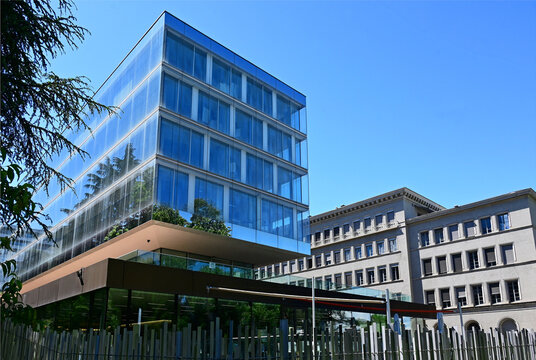 Geneva, Switzerland, Europe - 05.2026 : World Trade Organization - world's largest international economic organization, United Nations, new and historic buildings of headquarters, Route de Lausanne