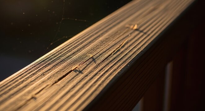 Close-up of a weathered wooden railing with natural textures and details.
