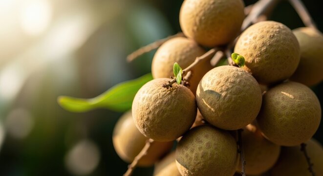 Close-up of Freshly Harvested Longan Fruits on the Branch.