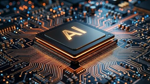 Advanced AI processor mounted on a high performance circuit board with glowing pathways. Artificial intelligence, semiconductor engineering and next generation computing concept.