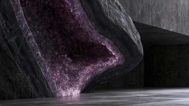 Striking amethyst geode illuminated in a modern minimalistic interior space.