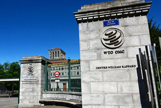 Geneva, Switzerland, Europe - 05.2026 : Entrance to  Centre William Rappard, headquarters of World Trade Organization - world's largest international economic organization, WTO, Route de Lausanne