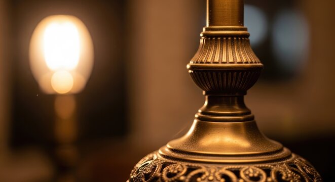 Elegant Antique Brass Lamp with Ornate Details and Soft Lighting.