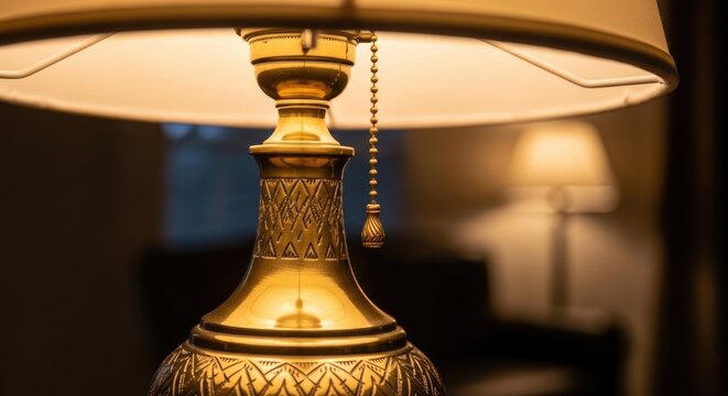 Elegant Antique Brass Table Lamp Illuminating Warm Light in Room.
