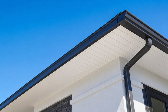 soffit. Clean white soffit board under eaves contrasting with dark rain gutter. real-estate listings, architecture portfolios, designed for real-estate listing and luxury residence showcases.