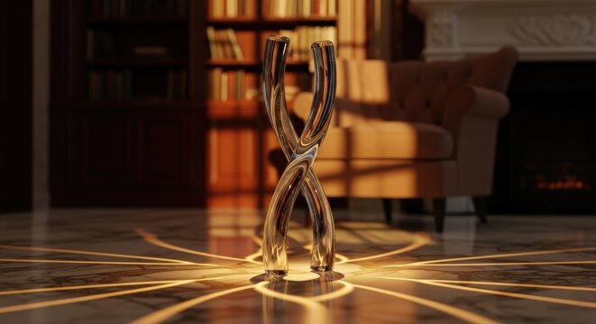 Elegant Golden Sculpture Illuminated with Dramatic Light in a Room.