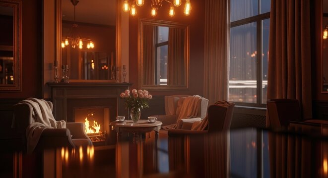 Elegant Living Room Interior with Fireplace and Warm Lighting.