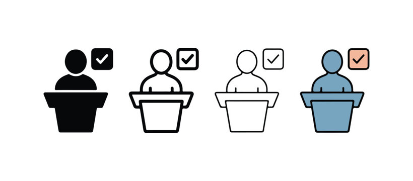 people standing behind podiums with check marks above them on white background  business presentation discussion communication concept