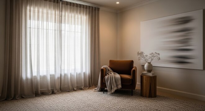 Elegant Living Room Interior with Comfortable Armchair and Window Light.