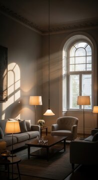 Elegant Living Room Interior with Natural Light and Classic Design.